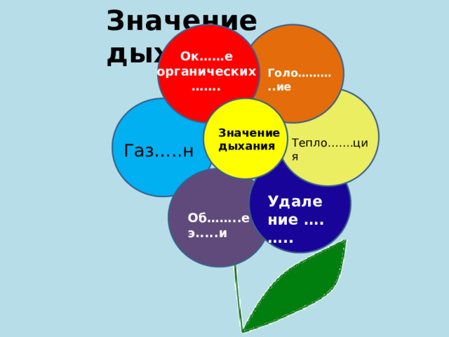 Значение дыхания Ок……е органических …… . Голо………..ие Значение дыхания Тепло…….ция Газ…..н Удаление …. ….. Об……..е э.....и 