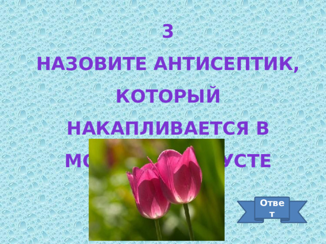 3 Назовите антисептик, который накапливается в морской капусте Ответ 