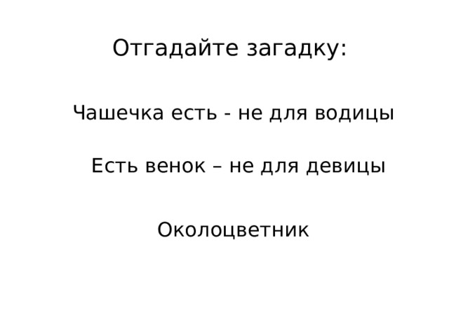 Отгадайте загадку: Чашечка есть - не для водицы Есть венок – не для девицы Учитель: Отгадайте загадку. Подумайте, какую роль выполняет околоцветник?  Учащиеся: Защита внутренних частей и привлечение насекомых. Учитель: Из чего он состоит?   Учащиеся: Из лепестков и чашелистиков. Околоцветник  