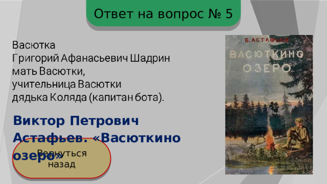 Ответ на вопрос № 5 Виктор Петрович Астафьев. «Васюткино озеро» Вернуться назад 