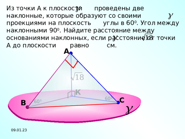 С Из точки А к плоскости проведены две наклонные, которые образуют со своими проекциями на плоскость углы в 60 0 . Угол между наклонными 90 0 . Найдите расстояние между основаниями наклонных, если расстояние от точки А до плоскости равно см. A К 60 0 В 60 0 09.01.23 12 