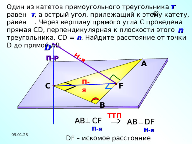 Н-я т Один из катетов прямоугольного треугольника равен т , а острый угол, прилежащий к этому катету, равен  . Через вершину прямого угла С проведена прямая С D , перпендикулярная к плоскости этого треугольника, С D = n . Найдите расстояние от точки D до прямой АВ. n D П-Р А П-я С F Л.С. Атанасян №1 56 . В TT П  A В  С F A В DF П-я  Н-я  09.01.23 DF – искомое расстояние  21 