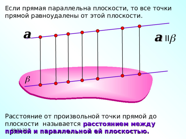 Если прямая параллельна плоскости, то все точки прямой равноудалены от этой плоскости. a a II Расстояние от произвольной точки прямой до плоскости называется расстоянием между прямой и параллельной ей плоскостью. 09.01.23 8 
