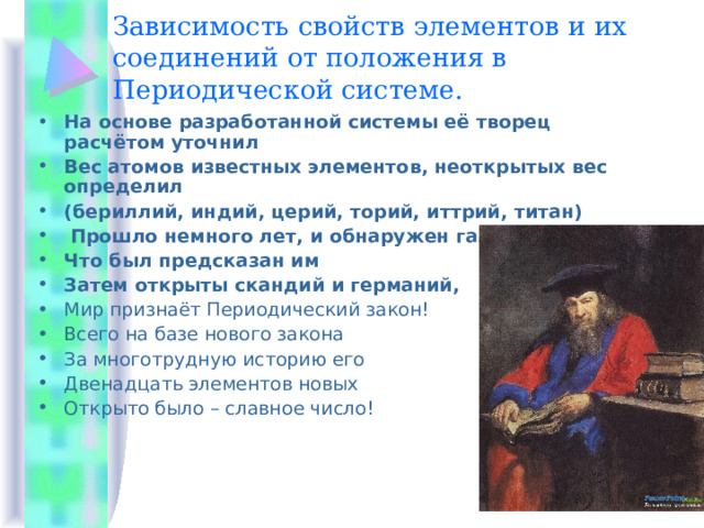 Зависимость свойств элементов и их соединений от положения в Периодической системе. На основе разработанной системы её творец расчётом уточнил Вес атомов известных элементов, неоткрытых вес определил (бериллий, индий, церий, торий, иттрий, титан)  Прошло немного лет, и обнаружен галлий, Что был предсказан им Затем открыты скандий и германий, Мир признаёт Периодический закон! Всего на базе нового закона За многотрудную историю его Двенадцать элементов новых Открыто было – славное число!  