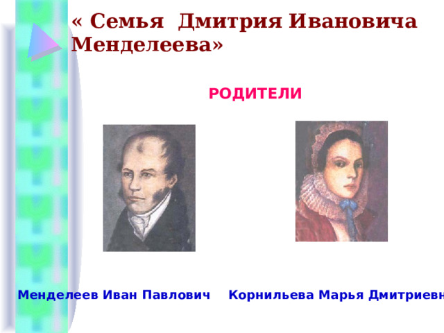 « Семья Дмитрия Ивановича Менделеева»   РОДИТЕЛИ   Менделеев Иван Павлович Корнильева Марья Дмитриевна 