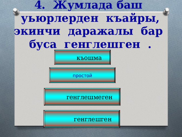 4. Жумлада баш уьюрлерден къайры, экинчи даражалы бар буса генглешген .  къошма простой  генглешмеген  генглешген 