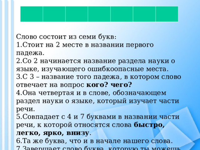 Слово состоит из семи букв: Стоит на 2 месте в названии первого падежа. Со 2 начинается название раздела науки о языке, изучающего ошибкоопасные места. С 3 – название того падежа, в котором слово отвечает на вопрос кого? чего? Она четвертая и в слове, обозначающем раздел науки о языке, который изучает части речи. Совпадает с 4 и 7 буквами в названии части речи, к которой относятся слова быстро, легко, ярко, внизу . Та же буква, что и в начале нашего слова. Завершает слово буква, которую ты можешь найти на 3 месте в названии части речи, обозначающей действие. 