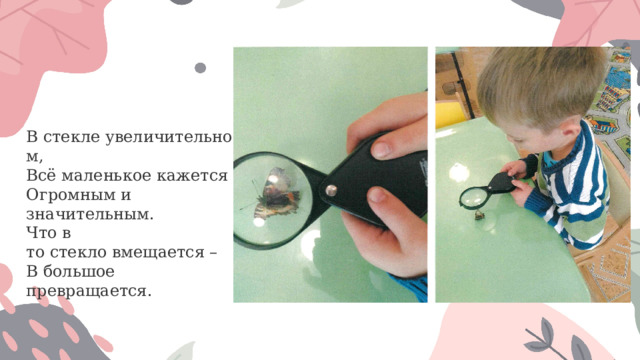 В стекле увеличительном,   Всё маленькое кажется  Огромным и значительным.  Что в то стекло вмещается –  В большое превращается. 