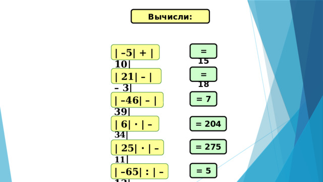 Вычисли: = 15 | –5| + | 10| = 18 | 21| – | – 3| = 7 | –46| – | 39| | 6| · | –  34| = 204 = 275 | 25| · | –  11 | = 5 | –65| : | –  13| 