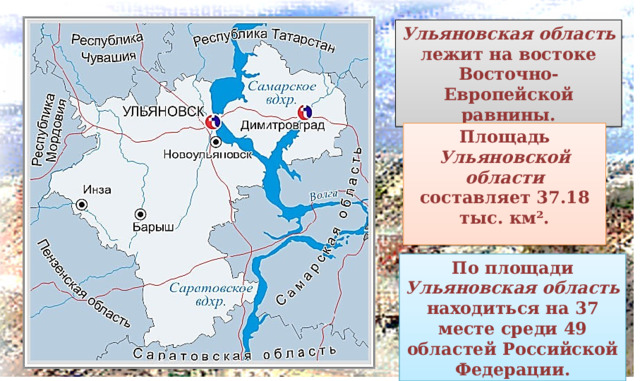 Ульяновская область лежит на востоке Восточно-Европейской равнины. Площадь Ульяновской области составляет 37.18 тыс. км².  По площади Ульяновская область находиться на 37 месте среди 49 областей Российской Федерации. 