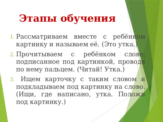 Этапы обучения Рассматриваем вместе с ребёнком картинку и называем её. (Это утка.) Прочитываем с ребёнком слово, подписанное под картинкой, проводя по нему пальцем. (Читай! Утка.)  Ищем карточку с таким словом и подкладываем под картинку на слово. (Ищи, где написано, утка. Положи под картинку.) 