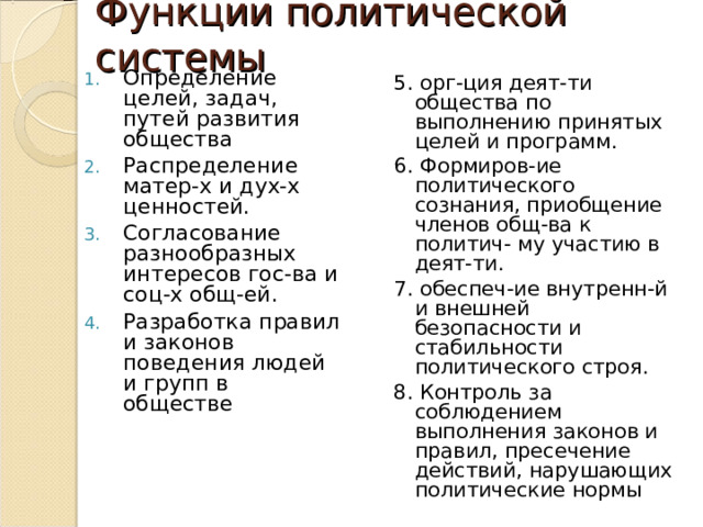 Функции политической системы Определение целей, задач, путей развития общества Распределение матер-х и дух-х ценностей. Согласование разнообразных интересов гос-ва и соц-х общ-ей. Разработка правил и законов поведения людей и групп в обществе 5. орг-ция деят-ти общества по выполнению принятых целей и программ. 6. Формиров-ие политического сознания, приобщение членов общ-ва к политич- му участию в деят-ти. 7. обеспеч-ие внутренн-й и внешней безопасности и стабильности политического строя. 8. Контроль за соблюдением выполнения законов и правил, пресечение действий, нарушающих политические нормы 