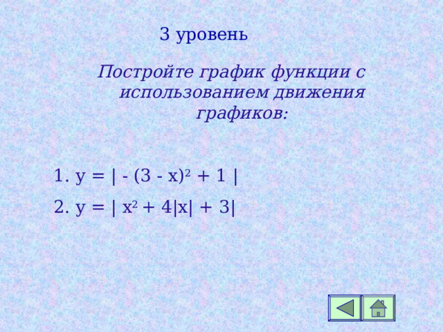 3 уровень Постройте график функции с использованием движения графиков:  y = | - ( 3 - x) 2 + 1 |   y = | x 2  + 4 | х | + 3 |    