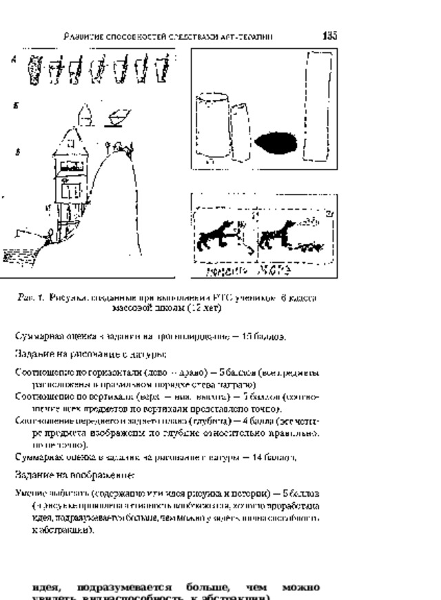 1 3 5 Р  а  з  в  и  т  и  е с  п   о   с   о   б  н   о   с   т   е   й  с   р е  д   с   т  в   а   м   и   а   р   т   -  т  е  р  а   п   и   и У i А l  l  1 1 .  1 4 1 *4 » & Рис.  1.  Рисунки,  созданные  при  выполнении  РТС  учеником  6  класса  м ас с о в о й  ш к о л ы  (12  л е т ) Суммарная  оценка  в  задании  на  прогнозирование  —  15  баллов. Задание  на  рисование  с  натуры: Соотношение по горизонтали (лево —право) —5 баллов (все предметы  расположены  в  правильном  порядке слева  направо). Соотношение по вертикали (верх  —низ,  высота) —5 баллов (соотно­  шение  всех предметов  по  вертикали  представлено  точно). Соотношение  переднего  и  заднего  плана  (глубина) —4  балла  (все  четы­  ре предмета изображены по  глубине  относительно правильно,  но  не  точно). С у м м а р н а я  о ц е н к а  в  з а д а н и и  н а  р и с о в а н и е с  н ату р ы  — 1 4 б ал л ов . Задание  на  воображение: Умение выбирать (содержание или идея рисунка и истории) —5 баллов  (в  рисунке  проявлена  активность  воображения,  хорошо  проработана  идея,  подразумевается  больше,  чем  можно  увидеть,  виднаспособность  к  абстракции). 