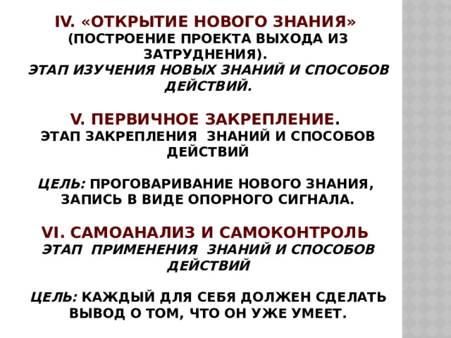 IV. «Открытие нового знания»   (построение проекта выхода из затруднения).  Этап изучения новых знаний и способов действий.   V. Первичное закрепление .   Этап закрепления знаний и способов действий   Цель: проговаривание нового знания,  запись в виде опорного сигнала.   VI. Самоанализ и самоконтроль  Этап применения знаний и способов действий   Цель: каждый для себя должен сделать вывод о том, что он уже умеет. 