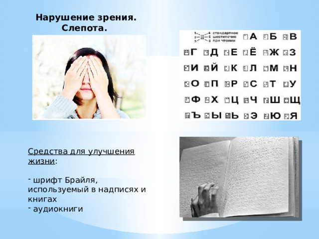 Нарушение зрения. Слепота. Средства для улучшения жизни :  шрифт Брайля, используемый в надписях и книгах  аудиокниги 