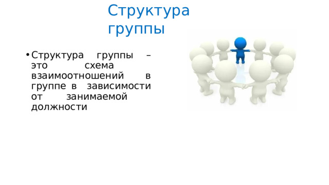 Структура  группы Структура группы – это схема  взаимоотношений в группе в  зависимости от занимаемой  должности 