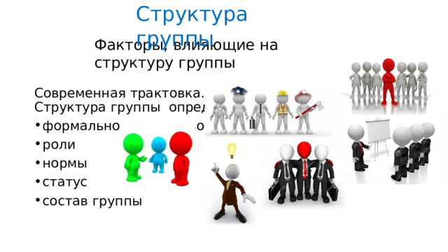 Структура  группы Факторы,  влияющие  на  структуру  группы Современная  трактовка.  Структура  группы  определяется: формальное лидерство роли нормы статус состав  группы 
