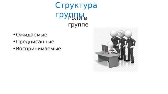 Структура  группы Роли  в  группе Ожидаемые Предписанные Воспринимаемые 