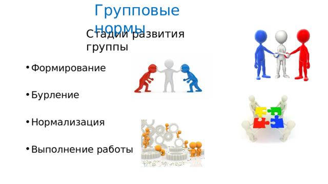 Групповые  нормы Стадии  развития  группы Формирование Бурление Нормализация Выполнение  работы 