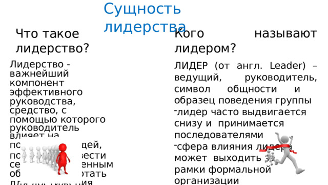 Сущность  лидерства Кого  называют  лидером? ЛИДЕР (от англ. Leader) – ведущий,  руководитель, символ общности и  образец поведения  группы лидер часто  выдвигается снизу  и  принимается последователями сфера  влияния  лидера  может  выходить за рамки формальной  организации Что  такое  лидерство? Лидерство - важнейший  компонент эффективного  руководства, средство,  с  помощью  которого руководитель  влияет на поведение  людей, побуждая  их вести себя  определенным  образом,  работать для достижения  целей. 