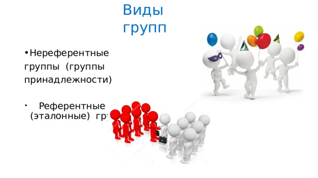 Виды  групп Нереферентные группы  (группы  принадлежности)  Референтные (эталонные)  группы 