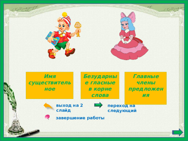 Безударные гласные в корне слова Главные члены предложения Имя существительное  выход на 2 слайд переход на следующий завершение работы 