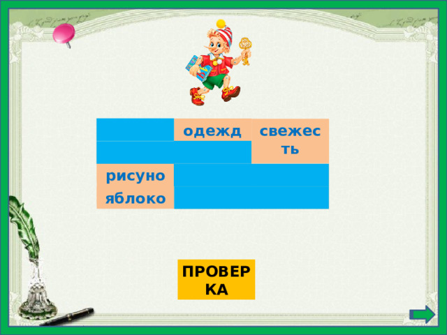 носить одежда свежесть  пишет книга  красный рисунок   яркое говорят   идёт доброе яблоко ПРОВЕРКА 