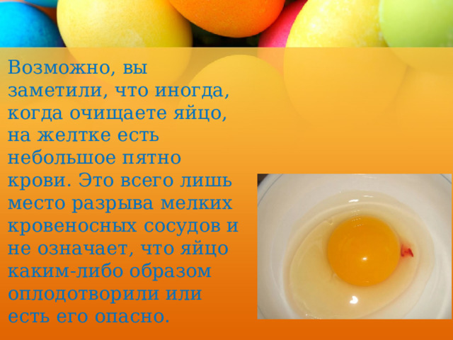 Возможно, вы заметили, что иногда, когда очищаете яйцо, на желтке есть небольшое пятно крови. Это всего лишь место разрыва мелких кровеносных сосудов и не означает, что яйцо каким-либо образом оплодотворили или есть его опасно.    