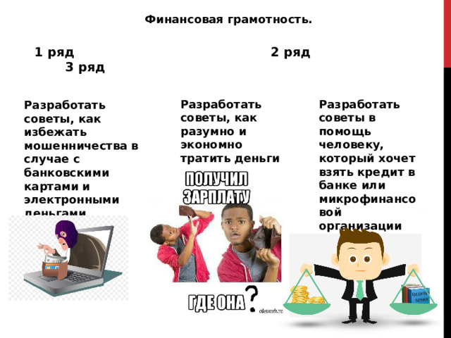 Финансовая грамотность. 1 ряд 2 ряд 3 ряд Разработать советы, как избежать мошенничества в случае с банковскими картами и электронными деньгами Разработать советы, как разумно и экономно тратить деньги Разработать советы в помощь человеку, который хочет взять кредит в банке или микрофинансовой организации 