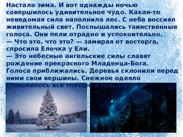 Настала зима. И вот однажды ночью совершилось удивительное чудо. Какая-то неведомая сила наполнила лес. С неба воссиял живительный свет. Послышались таинственные голоса. Они пели отрадно и успокоительно.   — Что это, что это? — замирая от восторга, спросила Елочка у Ели.   — Это небесные ангельские силы славят рождение прекрасного Младенца-Бога.   Голоса приближались. Деревья склонили перед ними свои вершины. Снежное одеяло становилось все тоньше и тоньше . 