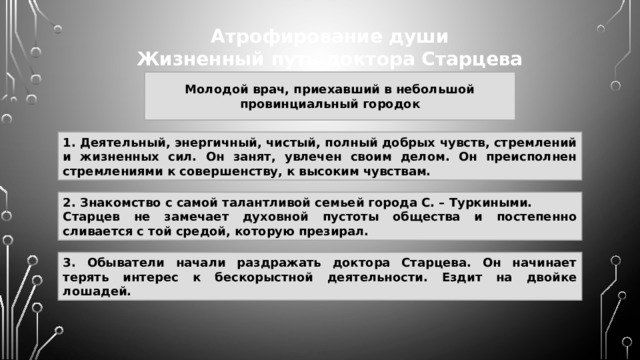 Атрофирование души Жизненный путь доктора Старцева Молодой врач, приехавший в небольшой провинциальный городок 1. Деятельный, энергичный, чистый, полный добрых чувств, стремлений и жизненных сил. Он занят, увлечен своим делом. Он преисполнен стремлениями к совершенству, к высоким чувствам. 2. Знакомство с самой талантливой семьей города С. – Туркиными. Старцев не замечает духовной пустоты общества и постепенно сливается с той средой, которую презирал. 3. Обыватели начали раздражать доктора Старцева. Он начинает терять интерес к бескорыстной деятельности. Ездит на двойке лошадей. 