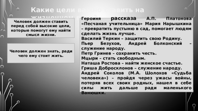 Какие цели важно ставить на жизненном пути? Человек должен ставить перед собой высокие цели, которые помогут ему найти смысл жизни. Героиня рассказа А.П. Платонова «Песчаная учительница» Мария Нарышкина – превратить пустыню в сад, помогает людям сделать жизнь лучше. Василий Теркин – защитить свою Родину. Пьер Безухов, Андрей Болконский – служение народу. Петр Гринев – сохранить честь. Мцыри – стать свободным. Наташа Ростова – найти женское счастье. Гриша Добросклонов – служение народу. Андрей Соколов (М.А. Шолохов «Судьба человека») – пройдя через ужасы войны, потеряв всех своих родных, нашел в себе силы жить дальше ради маленького Ванюшки. Человек должен знать, ради чего ему стоит жить. 