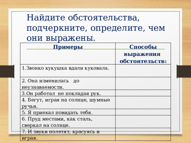 Найдите обстоятельства, подчеркните, определите, чем они выражены. Примеры Способы выражения обстоятельств: 1.Звонко кукушка вдали куковала.  2. Она изменилась до неузнаваемости. 3.Он работал не покладая рук. 4. Бегут, играя на солнце, шумные ручьи. 5. Я приехал повидать тебя. 6. Пруд местами, как сталь, сверкал на солнце. 7. И звуки полетят, красуясь и играя. 