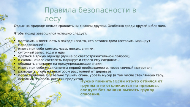 Правила безопасности в лесу Отдых на природе нельзя сравнить ни с каким другим. Особенно среди друзей и близких. Чтобы поход завершился успешно следует: поставить известность о походе кого-то, кто остался дома (оставить маршрут передвижений); иметь при себе компас, часы, ножик, спички; суточный запас воды и еды; одеться в яркую одежду (лучше со светоотражательной полосой); в самом начале составить маршрут и строго ему следовать; обращать внимание на предупреждающие знаки; иметь при себе медикаменты первой необходимости, перевязочный материал; разводить огонь на некотором расстояний от деревьев; после привалов тщательно тушить огонь, убрать мусор (в том числе стеклянную тару, осколки), закопать остатки продуктов. Нужно помнить! Если кто-то отбился от группы и не откликается на призывы, следует без паники вызвать группу спасения. 