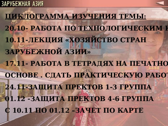 ЦИКЛОГРАММА ИЗУЧЕНИЯ ТЕМЫ: 20 .1 0 - РАБОТА ПО ТЕХНОЛОГИЧЕСКИМ КАРТАМ 10.11-ЛЕКЦИЯ «ХОЗЯЙСТВО СТРАН ЗАРУБЕЖНОЙ АЗИИ» 17.11- РАБОТА В ТЕТРАДЯХ НА ПЕЧАТНОЙ ОСНОВЕ . СДАТЬ ПРАКТИЧЕСКУЮ РАБОТУ№1 24.11-ЗАЩИТА ПРЕКТОВ 1-3 ГРУППА 0 1 .12 -ЗАЩИТА ПРЕКТОВ 4-6 ГРУППА С 10.11 ПО 0 1 .12 –ЗАЧЕТ ПО КАРТЕ 