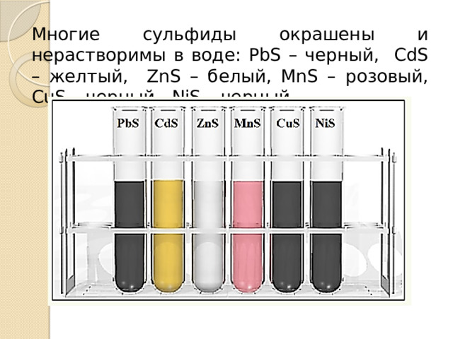 Многие сульфиды окрашены и нерастворимы в воде: PbS – черный, CdS – желтый, ZnS – белый, MnS – розовый, CuS – черный, NiS – черный. .  