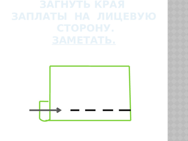 Загнуть края заплаты на лицевую сторону.  Заметать.  