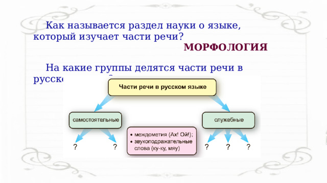 Как называется раздел науки о языке, который изучает части речи? МОРФОЛОГИЯ На какие группы делятся части речи в русском языке? 