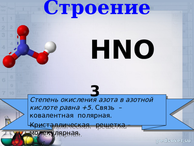 Строение   HNO 3  Степень окисления азота в азотной кислоте равна +5. Связь – ковалентная полярная. Кристаллическая решетка – молекулярная. 