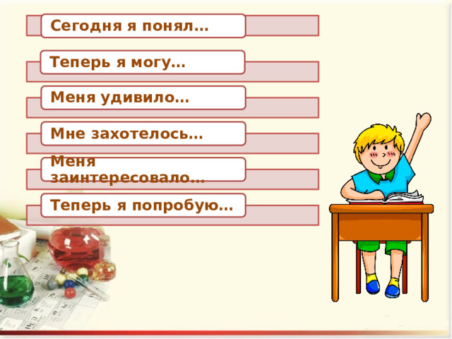 Сегодня я понял… Теперь я могу… Меня удивило… Мне захотелось… Меня заинтересовало… Теперь я попробую… 