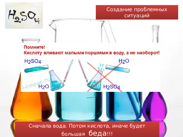 Создание проблемных ситуаций Сначала вода. Потом кислота, иначе будет большая беда !!! 