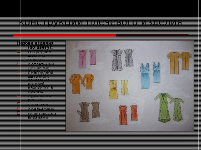 Анализ  конструкции плечевого изделия Назови изделия (по цвету) : со средним швом на спинке; с отлетными деталями; с нагрудной вытачкой, основание которой находится в пройме; с рукавами реглан: с запахом; с рельефами; со вставными воланами 