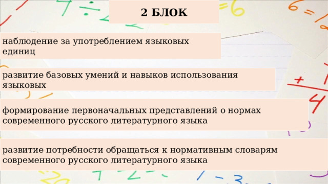 2 БЛОК наблюдение за употреблением языковых единиц развитие базовых умений и навыков использования языковых формирование первоначальных представлений о нормах современного русского литературного языка развитие потребности обращаться к нормативным словарям современного русского литературного языка 