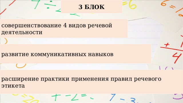 3 БЛОК совершенствование 4 видов речевой деятельности развитие коммуникативных навыков расширение практики применения правил речевого этикета 