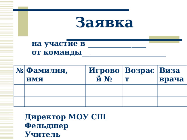 Заявка  на участие в ________________  от команды_______________________ № Фамилия, имя Игровой № Возраст Виза врача Директор МОУ СШ Фельдшер Учитель 