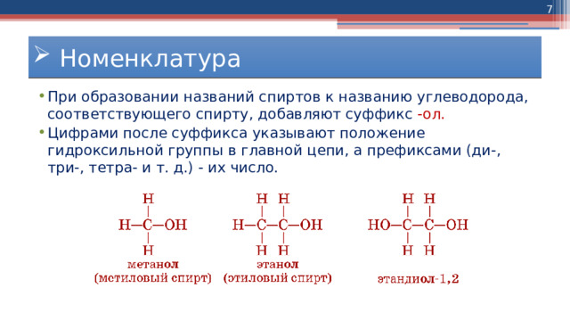 Функциональной группой спиртов является формула. Гидроксильная группа. Суффикс в названии спиртов.