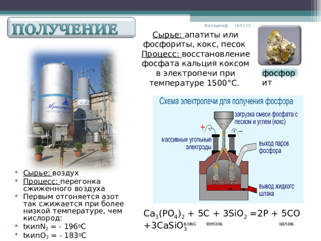 14.01.23 Bochegova@ Сырье: апатиты или фосфориты, кокс, песок Процесс: восстановление фосфата кальция коксом в электропечи при температуре 1500°С. фосфорит Сырье: воздух Процесс: перегонка сжиженного воздуха Первым отгоняется азот так сжижается при более низкой температуре, чем кислород: tкипN 2 = - 196 0 С tкипО 2 = - 183 0 С  Са 3 (РО 4 ) 2 + 5 С + 3SiO 2 =2P + 5CO +3CaSiO 3 кокс песок шлак 