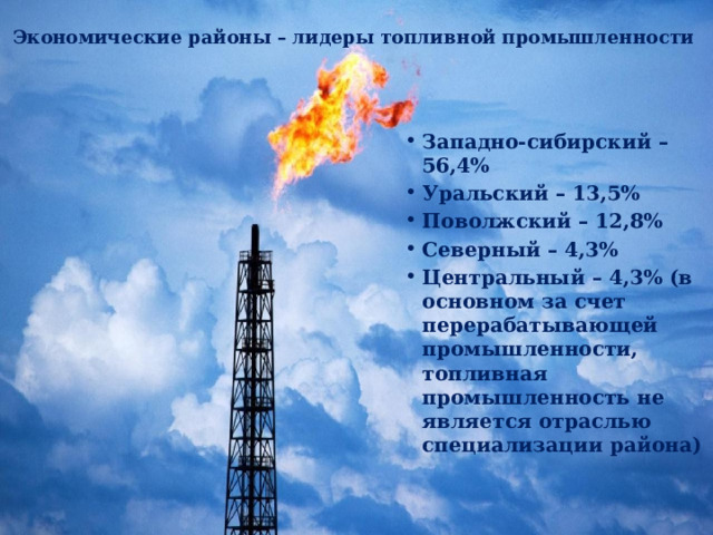 Экономические районы – лидеры топливной промышленности Западно-сибирский – 56,4% Уральский – 13,5% Поволжский – 12,8% Северный – 4,3% Центральный – 4,3% (в основном за счет перерабатывающей промышленности, топливная промышленность не является отраслью специализации района) 