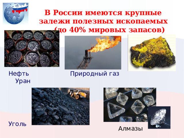В России имеются крупные залежи полезных ископаемых  (до 40% мировых запасов) Нефть  Природный газ Уран Уголь Алмазы 